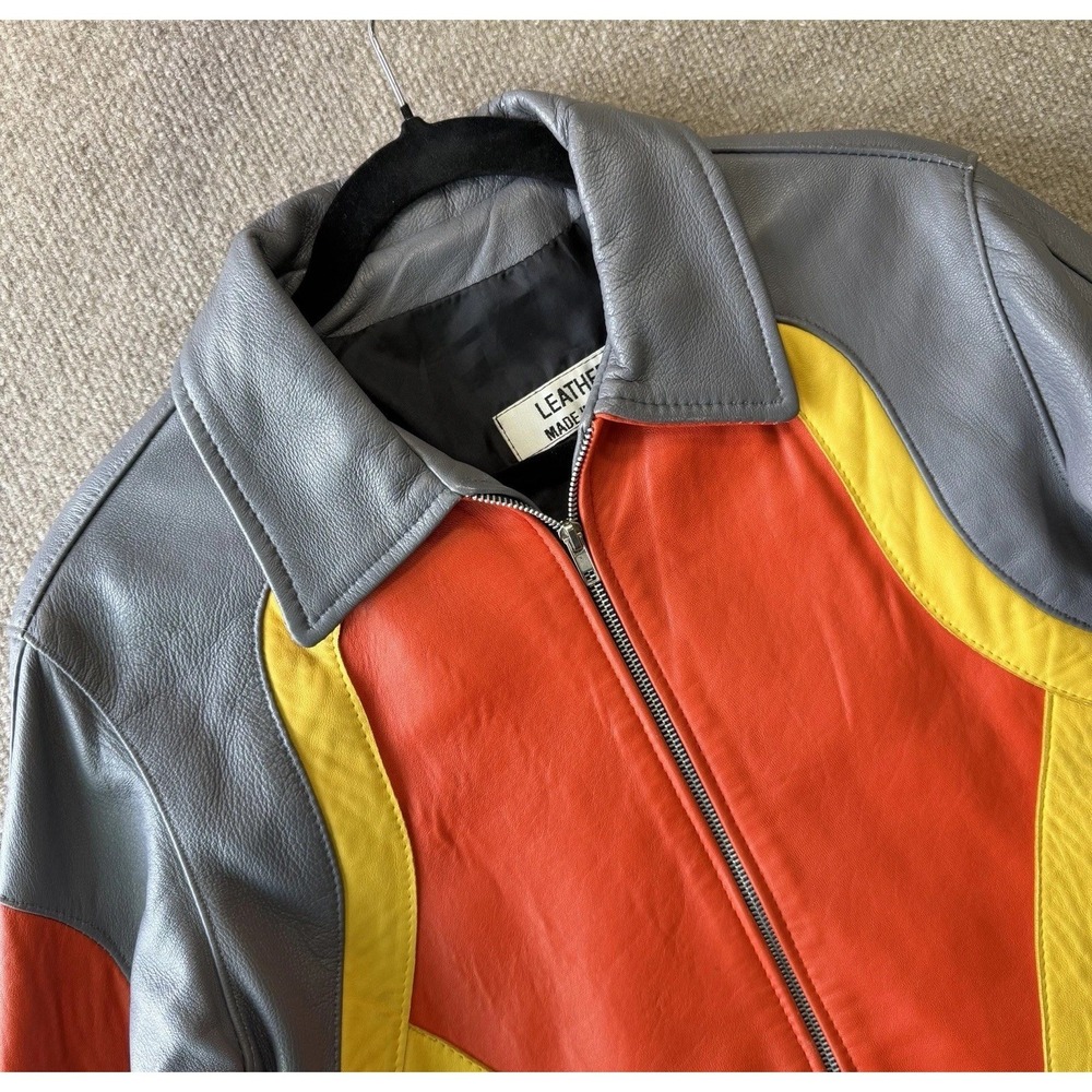 Retro Leather Motorcycle Jacket Orange and Gray Made In the USA